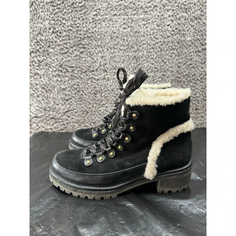 Tory Burch Cooper Suede Shearling Lined Lace-up Boots Black Womens Size‎ 7.5M